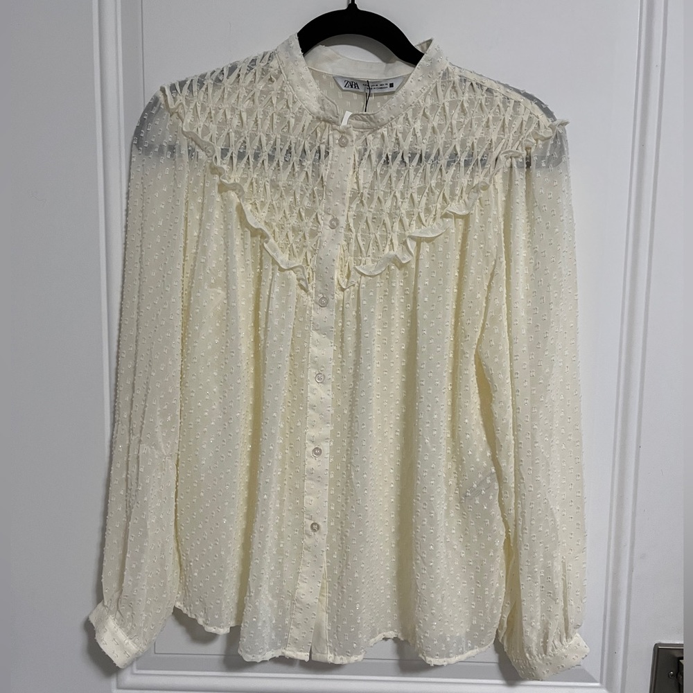 Zara Women’s Ruffled Swiss Dot Semi-Sheer Shirt - Size M